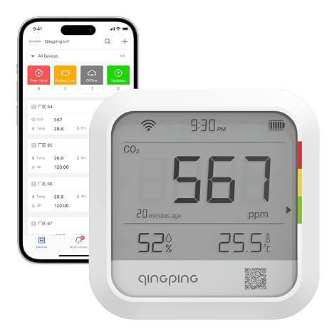 Qingping CO2 Monitor Thermometer Hygrometer, Remote Monitoring via Qingping IoT, Temperature and Humidity Monitor for Different Scenarios, Fast Alert Notification, Rechargeable Battrey