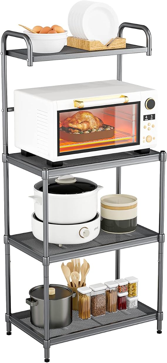MEDIMALL Bakers Rack for Kitchen with Storage, 4-Tier Microwave Stand, Microwave Cart Storage Rack Coffee Bar with Mesh Wire Metal Shelves, Kitchen Stand Oven Table, 23.5" L x 13.5 W x 53.5 H (Grey)