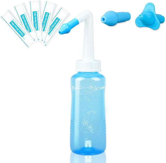 Sinus Rinse Bottle, 330ml Neti Pot with 40 Sinus Rinse Packets and Sticker Thermometer, Nasal Washing Bottle Nose Wash Pressure Irrigation for Adult Kids, Blue