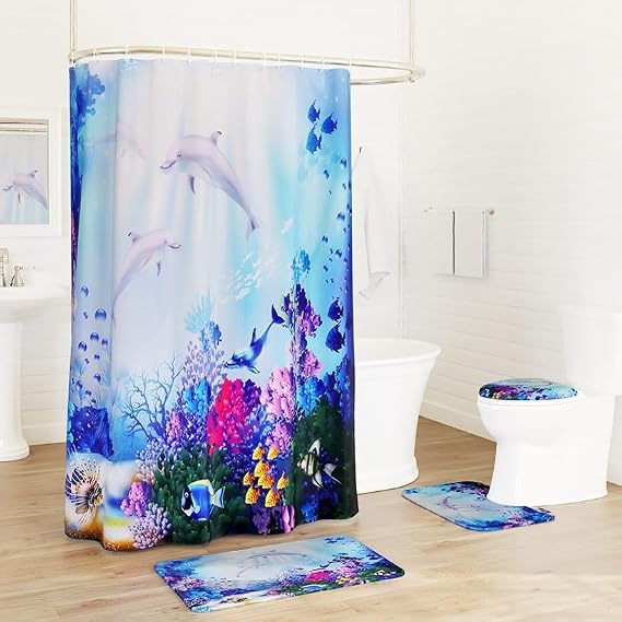 Lakeside Dolphin Memory Foam Bath Rugs & Shower Curtain Complete 16 Pc Set