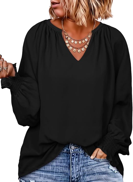 Eytino Women's Plus Size Tops V Neck Dressy Casual Chiffon Blouse | Smocked Long Sleeve, Pleated Front Shirt for Business Work Office, Trendy Fall Outfits