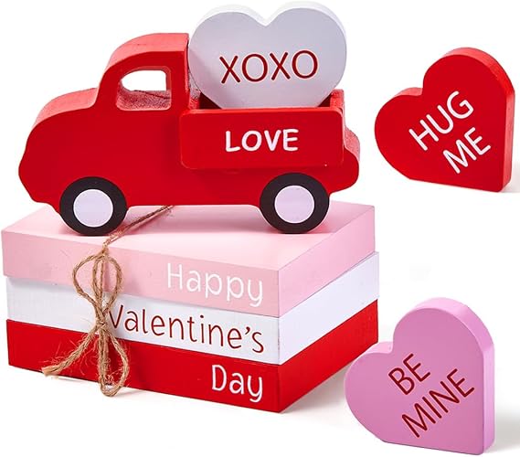 Valentines Day Decorations, Valentines Day Decor - Wooden Valentine Sign & Red Truck & 3 Heart Decor for Table, Tiered Tray, Office Desk, Mantel, Valentine Decorations for Home