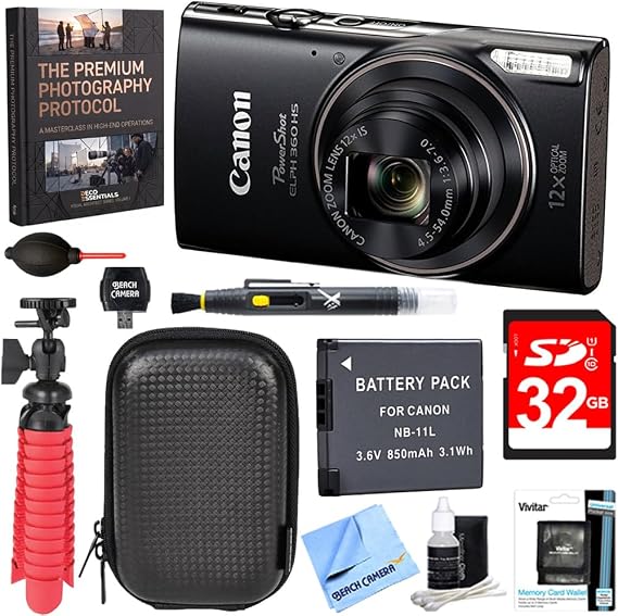 Canon PowerShot ELPH 360 HS Digital Camera (Black) Bundle with 32GB Deluxe Accessory Kit + Deco Essentials Photography Guidebook