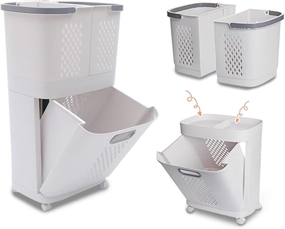 2-Tier Laundry Hamper Sorter, Floor-Standing 360 Rolling Laundry Baskets