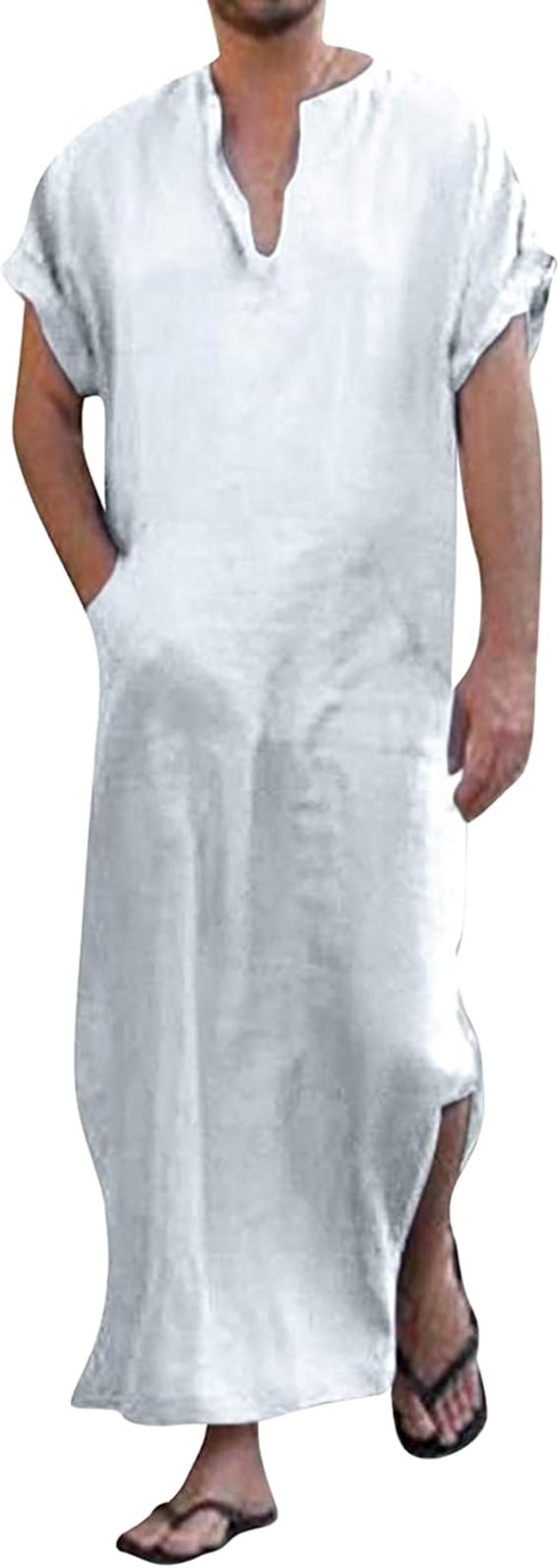 YAOHUOLE Men's Short Sleeve Kaftan Thobe Side Split Caftan with Pockets Long Gown Thobe