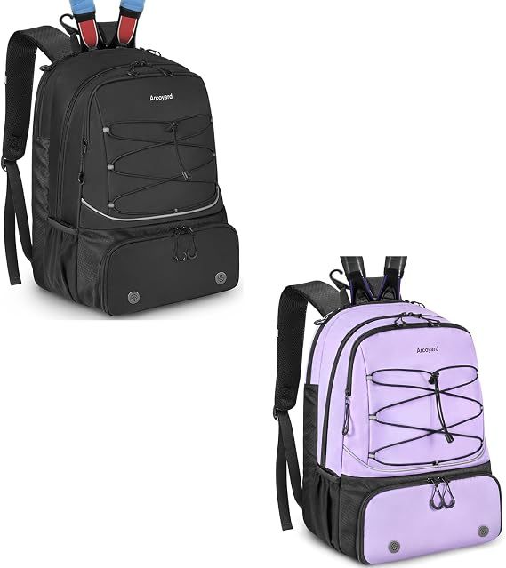 Arcoyard Tennis Bag, Large Tennis Bags For Women, Tennis Backpack with Ventilated Shoe Compartment and Insulated Pocket, Black & Purple