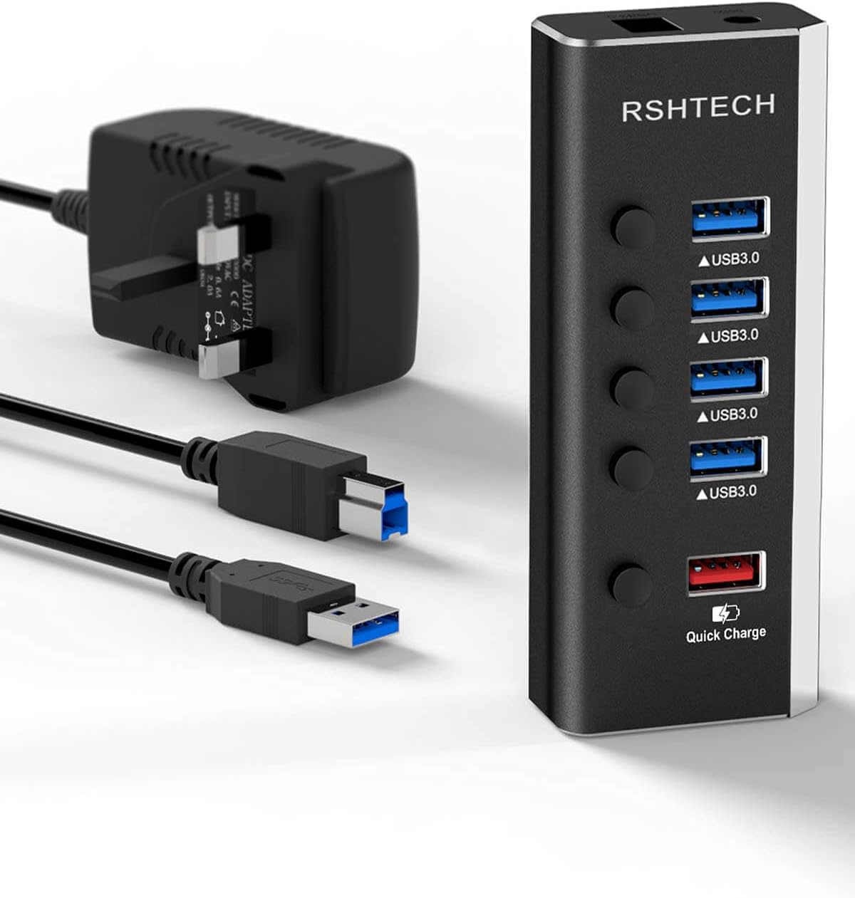RSHTECH 5-Port Powered USB Hub, 24W USB 3.0 Splitter with 4 USB 3.0 Data Ports 1 USB Fast Charging Port, Individual onoff Switches and 12V2A Power Supply