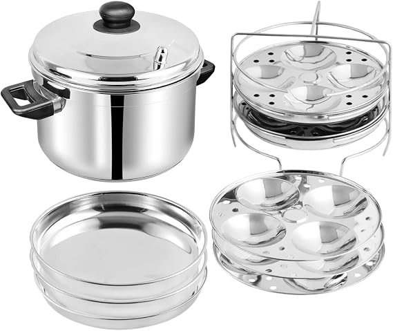 Vinod Stainless Steel Idli and Dhokla Cooker - 8 Plates, Large | 4 Idli and 4 Dhokla Plates | Multi purpose Pot, Steamer Set | Induction and Gas Base |
