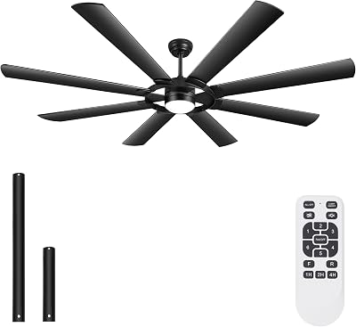 Ohniyou 76 inch Large Ceiling Fans with Lights and Remote, 8 Wood Blades Black Outdoor Modern Industrial LED Lights Ceiling Fans with Reversible Quiet DC Motor for Living Room Patio Farmhouse Bedroom