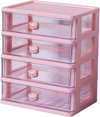 Desktop Drawer Organizer Multifunctional Compartments Makeup Holder Cosmetic Organiser Case Savce Space for Dorm Countertop Bathroom Office, 4 Drawers Pink