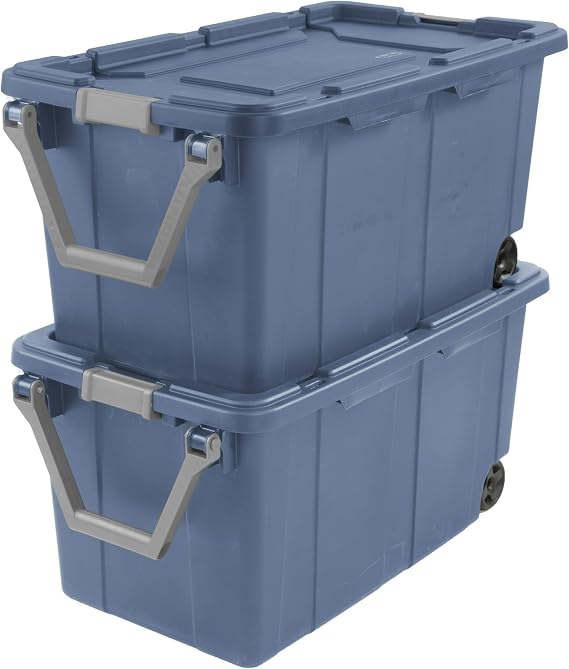 Extra Large Wheeled Industrial Storage Bin, 40 Gallon Rugged Plastic Storage Tote with Latch Lid and Pull Handle, Blue, 2 Pack