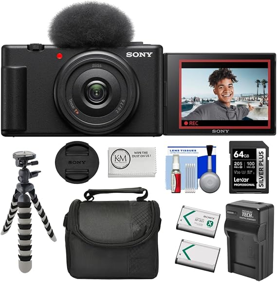 Sony ZV-1F Vlogging Camera | Black Bundle with 64GB Memory Card + Cleaning Cloth + 8" Flexipod + Spare Battery & Charger + Camera Bag + 5-Piece Cleaning Kit (8 Items)
