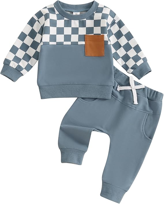 MoZiKQin Toddler Baby Boy Girl Clothes Checkered Color Block Long Sleeve Sweatshirt with Pants Set 2Pcs Fall Winter Outfits