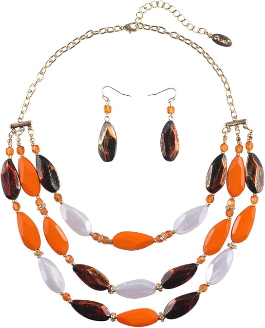 Bocar 3 Layer Beads Statement Necklace Earring for Women Jewelry Set