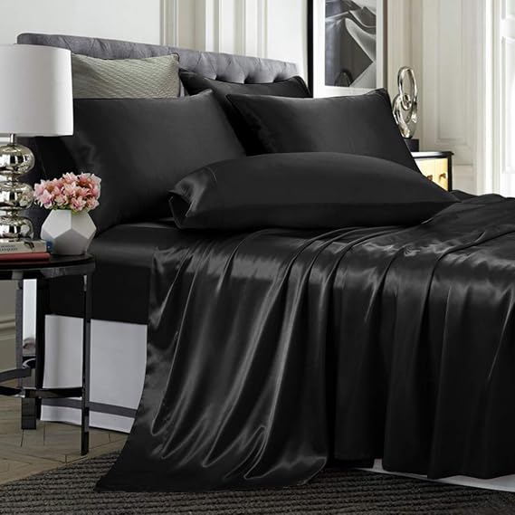 6 Piece Satin Sheets Size Silky Smooth Satin Sheet Set with16 Deep Pocket, Fitted Sheet, Flat Sheet, 4 Pillowcase Queen Black
