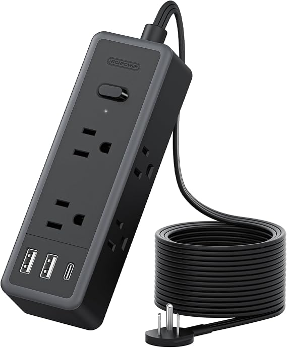 NTONPOWER Flat Extension Cord 10 ft, 6 Widely Outlets & 3 USB &1 USB C