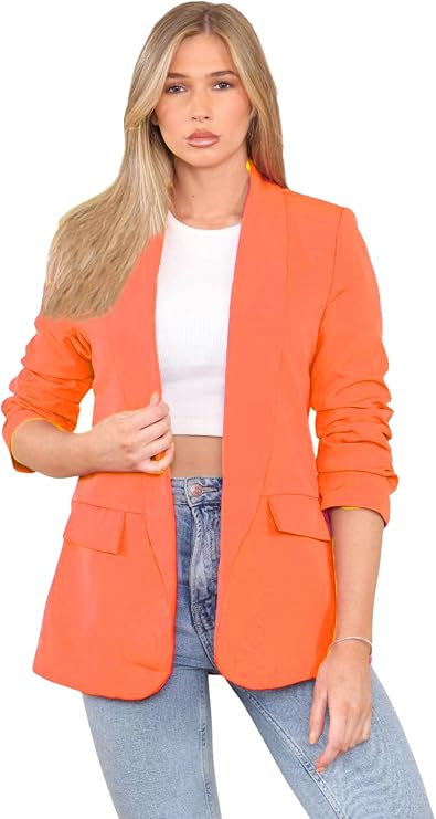 Lined Blazers for Women UK Casual Long Ruched Sleeve Suit Plain Open Jackets Clearance Work Office Womens Coats Cardigan Suit Formal Jacket Top Solid Color Collar Italian Ladies Blazer Coats UK 10-20