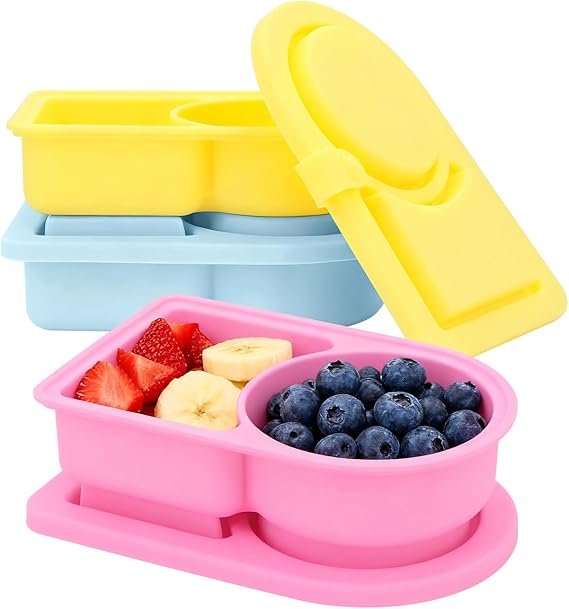 3 Pack Silicone Reusable Snack Containers with Lids, Double Compartment Snackle Box Containers, Small Mini Food Snack Boxs for Travel, Office, Picnic (Yellow,Pink,Blue)