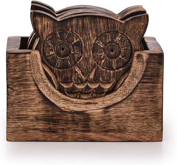 Wooden Crafted Coaster Set of 6 with Coasters Holder for Drink Bar Coaster Tea Coffee Mug Tabletop Barware Drink Handmade Dining Home Decor (Owl Shape)