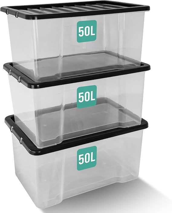 Klass 3 PCS 50L Plastic Storage Boxes With Lids Large Storage Box Black Lid
