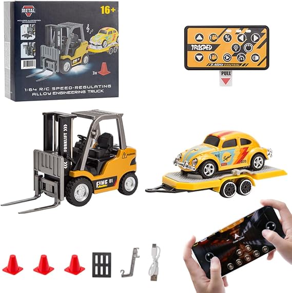 1/64 Scale 2.4GHz Mini Alloy RC Forklift Truck, Wireless APP Operation, Construction Vehicle, Yellow Includes: Cargo Hook, Fork, Pallete