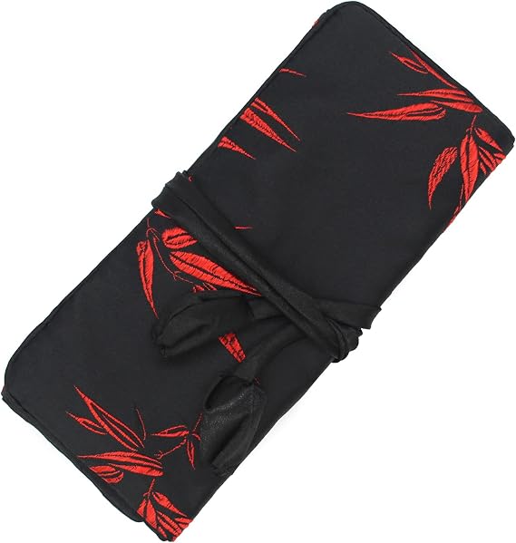 Wei Long Jewelry Roll, Travel Jewelry Roll Bag, Silk Embroidery Brocade Jewelry Organizer Case with Tie Close (Bamboo, Black)