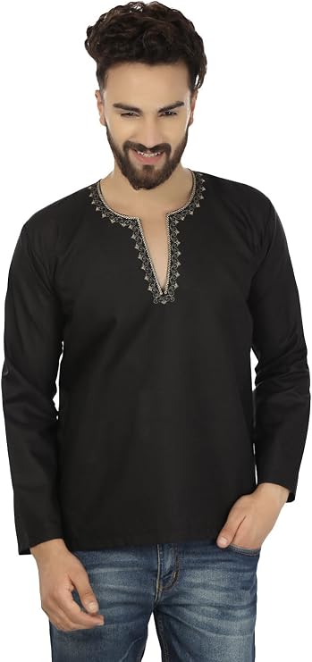 Maple Clothing Embroidered Fashion Shirt Men's Short Kurta Cotton Indian Clothing