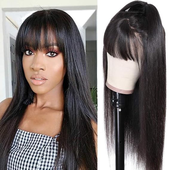 Human Hair Wigs with Bangs Straight Brazilian Virgin Human Hair Glueless None Lace Front Wigs for Black Women Machine Made