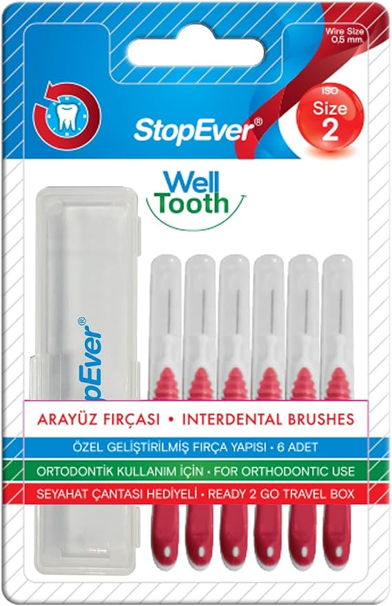 StopEver Well Tooth Arayüz Fırçası, Kırmızı - Size 2 | 0.5 mm İnce Telli Diş Arası Fırçası, Taşıma Kutusu Hediyeli | Ortodontik Kullanıma Uygun | 6 Adet
