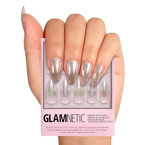 Glamnetic Press On Nails - Medium Almond, Glossy Fake Nails 30 Pc Full Kit