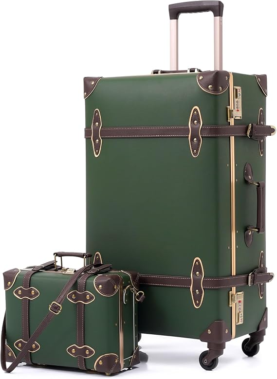 urecity Vintage Suitcase Set for Women, Vintage Luggage Sets for Women 2 Piece, Cute Designer Trunk Luggage, Retro Suit Case, Luggage Zipperless TSA Approved, Army Green, 20"+12"