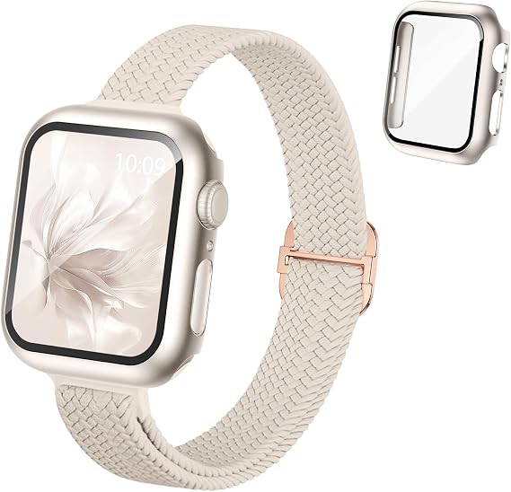 Slim Braided Stretchy Band and Case Compatible for Apple Watch Bands Women 40mm 41mm 42mm 44mm 45mm 46mm, Thin Nylon Solo Loop Protective Cover and Screen Protector for iWatch Series 11/10/9/8/7/6/5/4