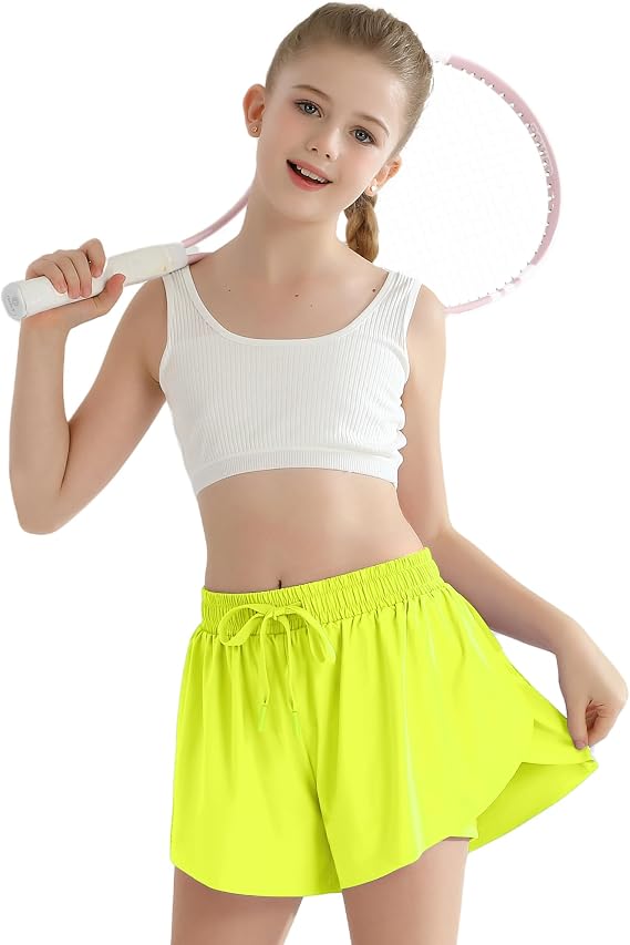 Girls Flowy Athletic Shorts, 2 in 1 with Pocket, Kids Ages 5-13