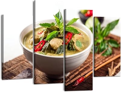Weone Artwork 4 Panel Canvas Wall Art thai green curry chicken modern styling curry food Stretched & Framed Art Prints Modern Painting Wall Decoration Ready to Hang Unique Designed