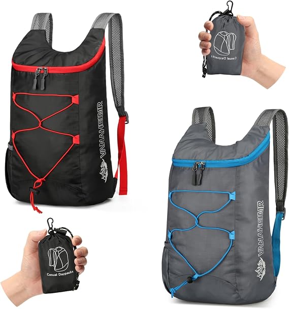 2 Pcs Ultra Lightweight Backpack, Foldable Backpack Water Resistant Travel Rucksack, Multi-Functional Foldable Backpacks Womens Men For Camping, Hiking, Biking(Black Grey)