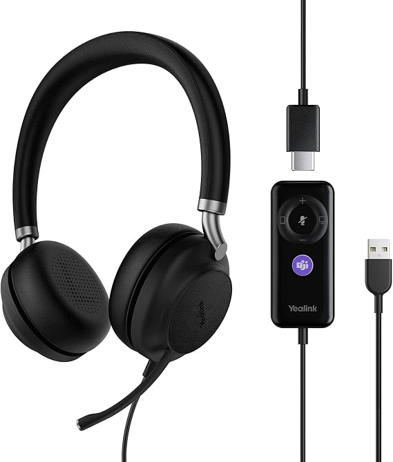 Yealink UH38 USB-A Wired & Bluetooth Headset,Teams Certified,Inline Control | Computer Stereo Headphones, Noise Cancelling Microphone,PC/Laptop/Mac/Tablet/Cell Phone, Call Center, Office, Busylight