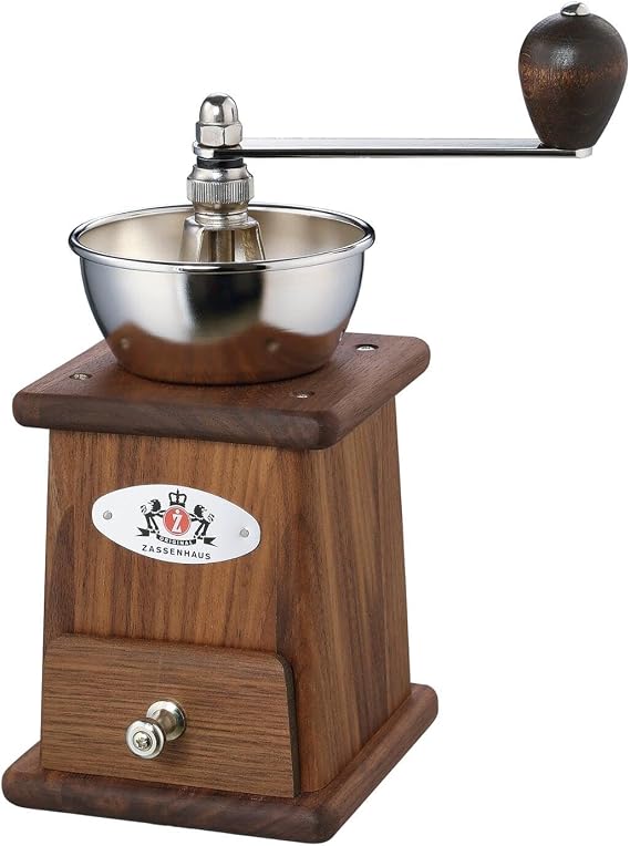 Zassenhaus Santos Manual Coffee Grinder, Walnut, 4.5 x 4.2 x 9.25 inches, Grinding Coffee Beans, Infinitely Adjustable Grinding Level, Original Zassenhaus Grinder, Bean Container Socket: 70 g