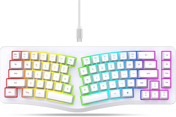 Yunseity Ergonomic Split Keyboard, Wired 69 Key with 18 Modes RGB Backlit Keyboard for Computer, Comfortable Keycaps, Shared Spaces, Split Design for Comfort Typing (White)