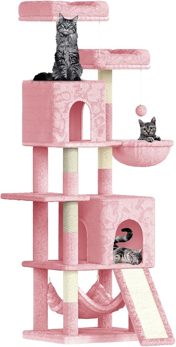 158cm Cat Tree for Indoor Cats, Cat Tower with 7 Sisal Scratching Posts, 2 Plush Perches, 2 Cat Houses, 2 Hammocks Suitable for Kittens, Dark Grey (Pink)