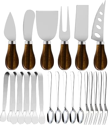 Cheese Butter Spreader Knife Set, Charcuterie Board Accessories Utensils,Stainless Steel with Walnut Wood Handel, Mini Serving Tongs Spoons Forks Set