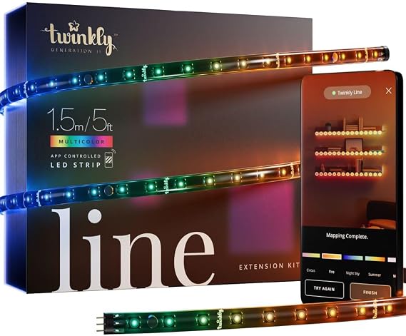 Twinkly Line Extension Kit App-Controlled Adhesive + Magnetic LED Light Strip with RGB (16 Million Colors) LEDs. Extendable. 5 feet. Black Strip. Indoor Smart Home Decoration Light