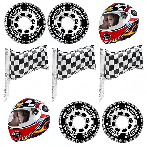 9 PCS Wheel Checkered Flag Helmet Black & White Racing Car Balloons SetBirthdayBoys,Baby Shower DecorationsRacing Cars Theme