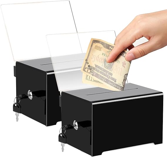 2 PCS Black Acrylic Suggestion Box with Lock, Donation Ballot Boxes Charity Collection Box Staff Tip Jar Cash Boxes for Raffle Feedback Voting Tips Charity Donations Collection