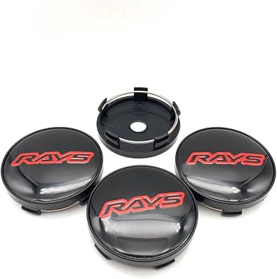 Rays Wheel Center Caps, 60mm OD, 56mm ID, Set of 4, BlackSilverRed Black Red