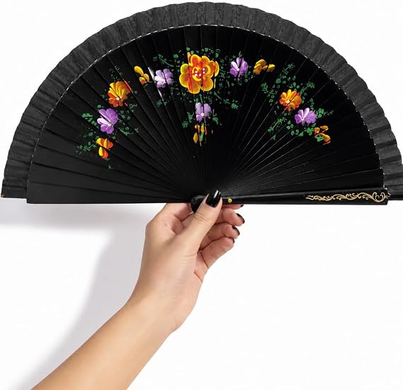 Coverzone Siyah Zeminli Katlanabilir El Yelpazesi Sarı Mavi Çiçek Desenli Ahşap Saplı Dekoratif El Yelpazesi 40x22 cm Geleneksel Tasarım