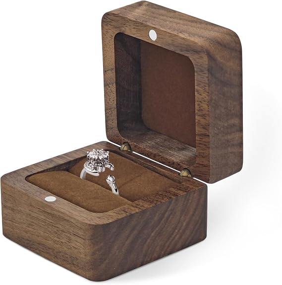 Wooden Ring Holder, Square Retro Engagement Ring Box for Wedding & Proposal (Brown)