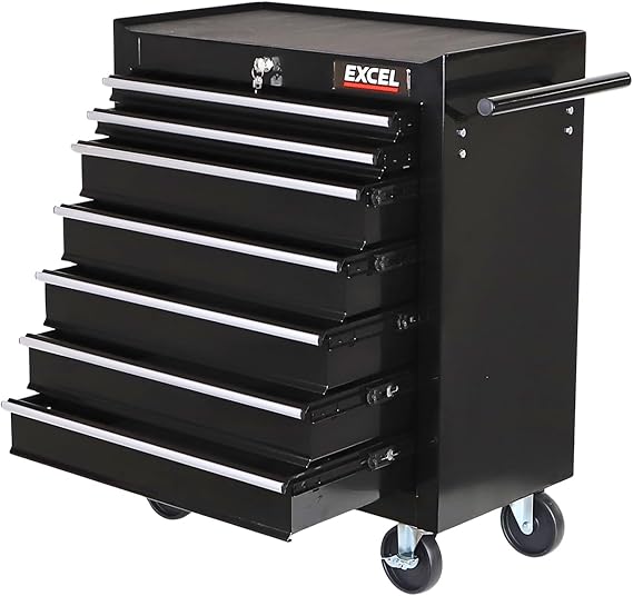 Roller Tool Cabinet 7 Drawers Storage Chest Box Swivel Garage Workshop Black, Made with Powder Coated Steel & Rust-resistant, Ball Bearing Slides and 4 Wheels with Brakes