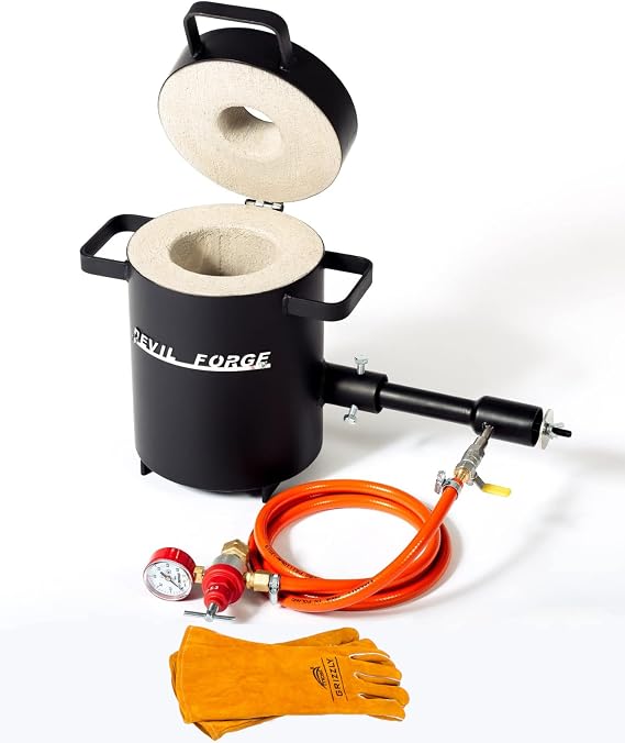 DEVIL-FORGE Gas Metal Melting Furnace FB1S - 2Kg Propane Forge, 1 DFP Burner (80.000 BTU), Foundry, Jewelers, Metalsmiths, Refiners 2642F / 1450C Brass, Copper, Bronze, Silver, etc. Premium