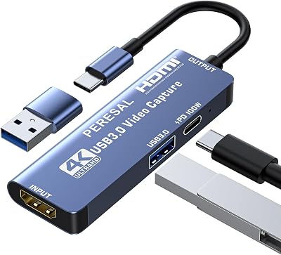 USB 3.0 Video Capture Card with PD 100W and USB3.0 Port, Streaming Game Recording 4K, 60FPS, HDMI to USB-AUSB-C Capture Card for Quest 3, Switch, PS54, Camera, Xbox, Tablet PC