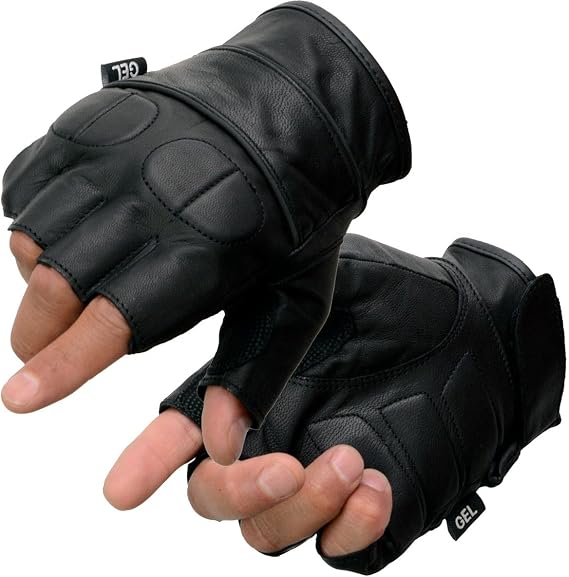 Milwaukee Leather Men's SH462 Men's Black Leather Full Panel Fingerless Gloves with Gel Palms